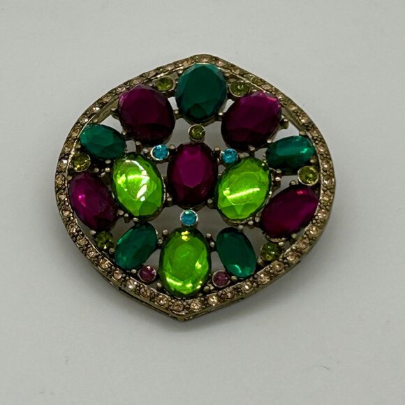 Vintage Monet  Brooch Pin Acrylic Oval Shape Gold-Tone Backing Pink Green Teal - Picture 2 of 16